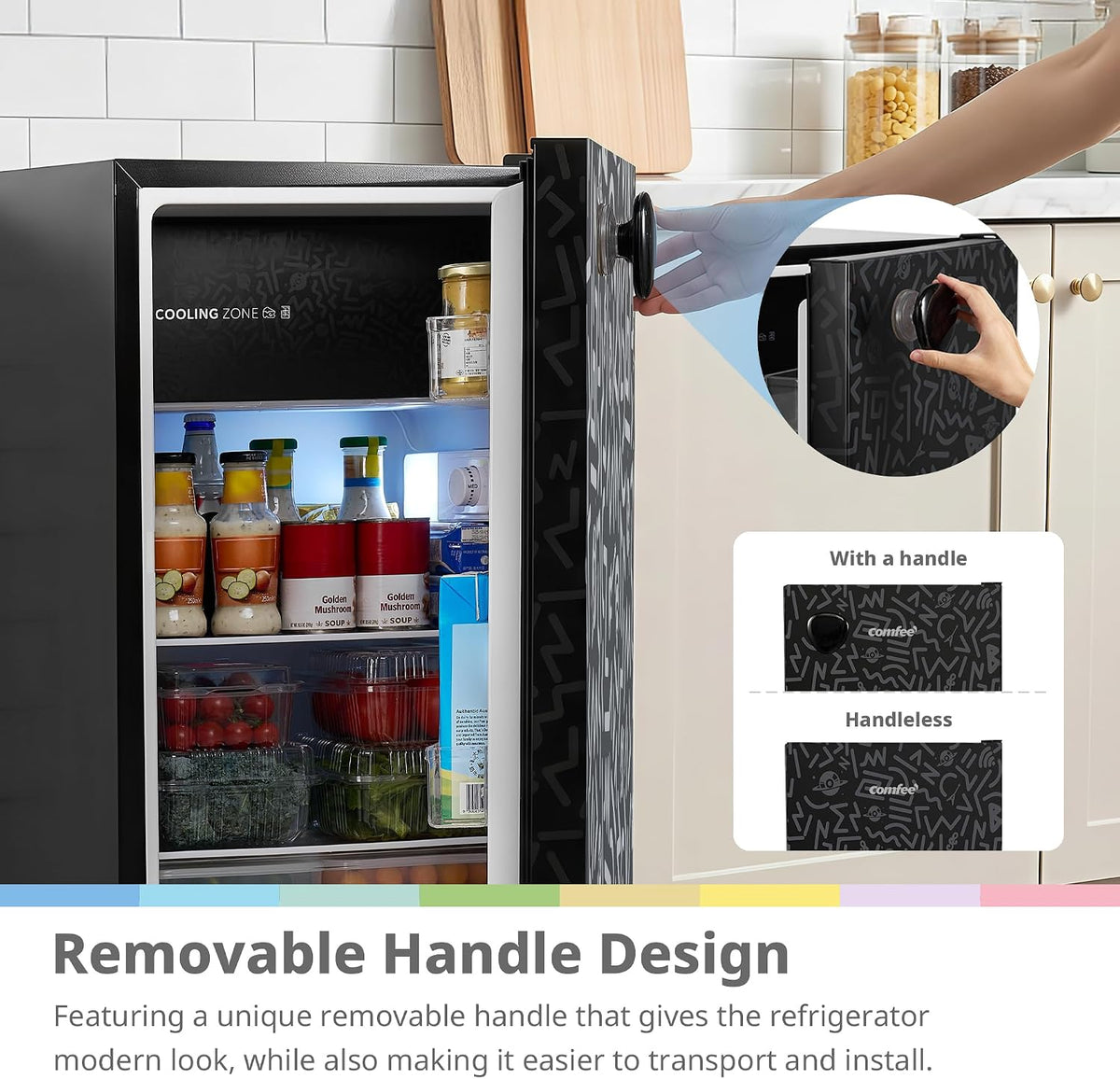 COMFEE' 88L Under Counter Fridge, Cooler Box, Removable Handle, Black
