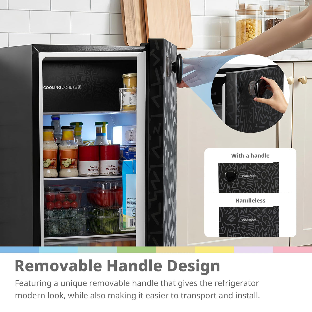 COMFEE' 88L Under Counter Fridge, Cooler Box, Removable Handle, Black