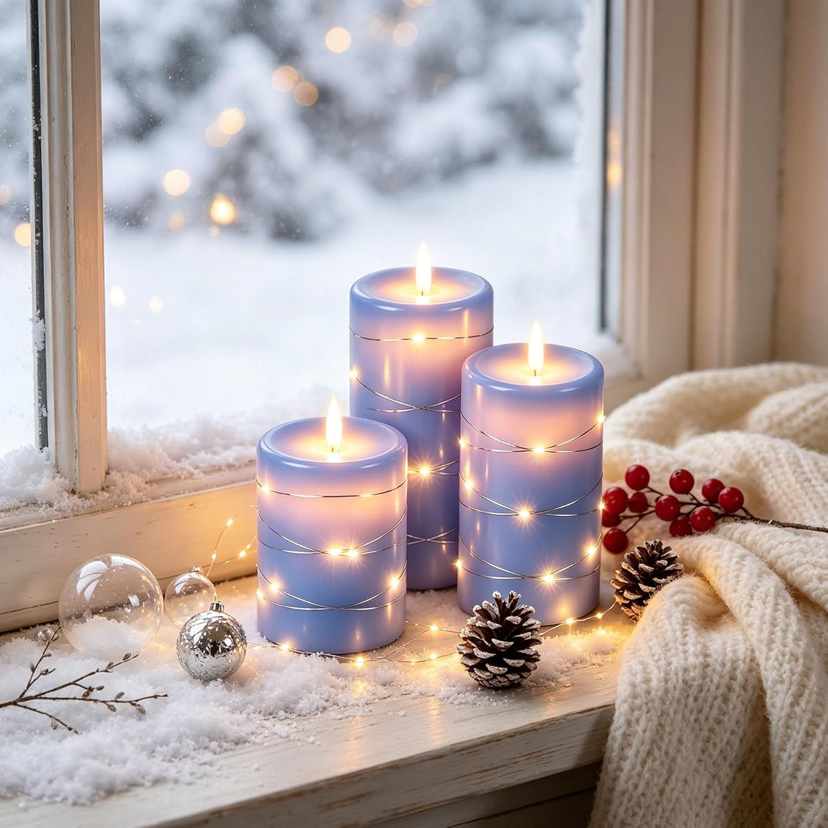 Da by 3 Pack Ivory Flameless LED Candles with Fairy Lights, Realistic Moving Flame Paraffin Wax Candles, Remote Control, Soft Warm Light, 8cm D x 12.5/14.5/16.5cm H, Indoor Wedding Home Decor