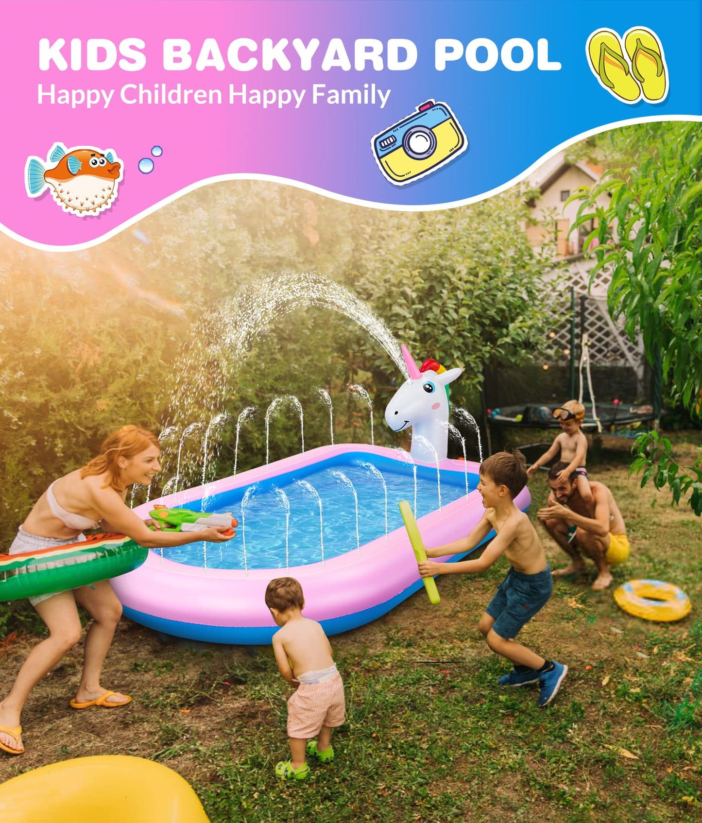 COOLJOYA Inflatable Pool | Splash Spray Paddling Pool Sprinkler Pad | Paddling Pool for Kids Toddlers | Swimming Pool Toy Gifts 68 x 41 x 18 Inch (Unicorn)