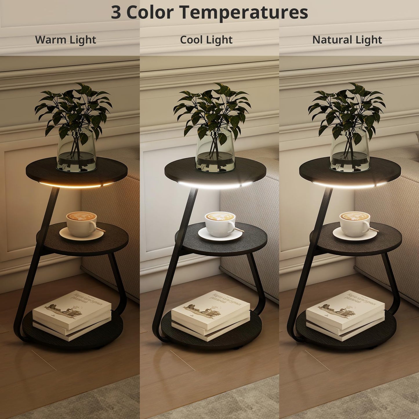 ARTETHYS Side Table, Small Round Coffee Table with 3 Color LED Lights, End Table with 3 Tier Storage Shelves, Bedside Sofa Side Tables for Living Room Bedroom, Rustic Brown