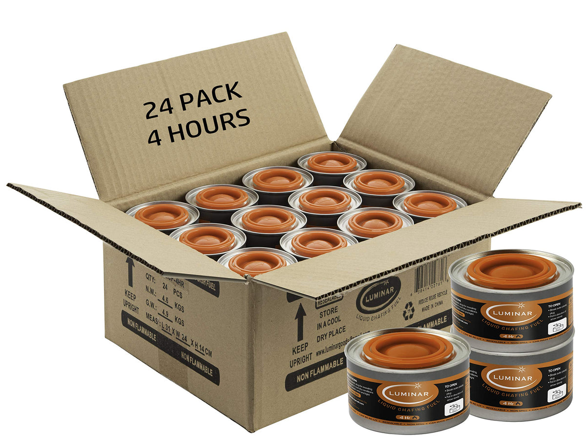 Luminar Resealable-Wick Chafing Fuel Cans, 24 Pack, 6 Hour - Premium Quality Burners for Food Warmers - No More Spills, Waste, or Hassle - Perfect for Convenient, and Long-Lasting Event Catering