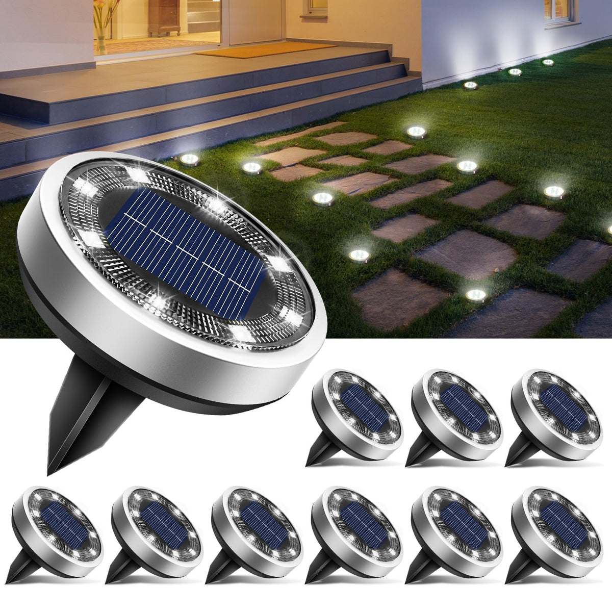 btfarm Solar Lights Outdoor Garden, 6 Pack 8 LED Solar Ground Disk Lights Outdoor IP65 Waterproof for Garden Pathway Lawn Patio Yard Landscape (Blue)
