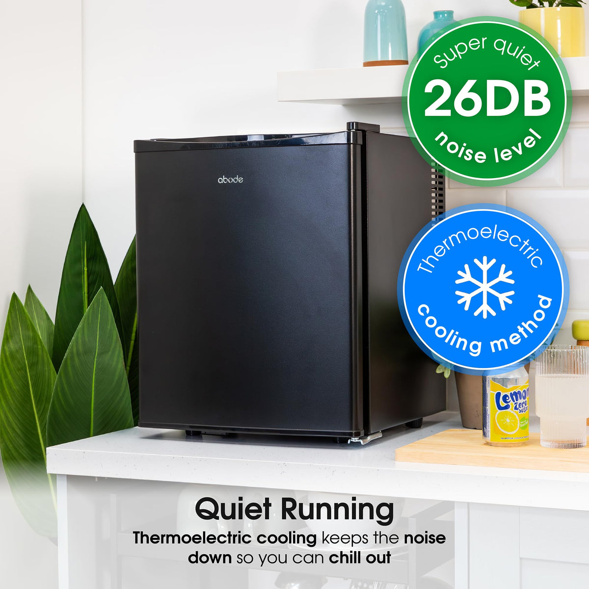 Abode Quiet Mini Cooler 25L Thermoelectric for Drinks with Adjustable Thermostat, Portable in White, Compact For Bedroom, Home, Caravan with Reversible Door A25THBC102W