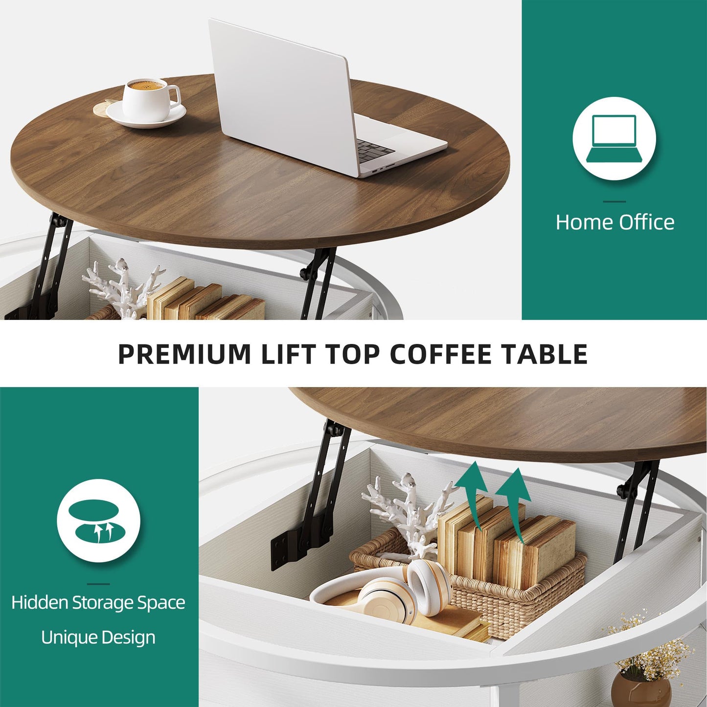 YITAHOME Coffee Table with Lift Top, lift up Coffee Table Round with Hidden Storage Compartment, 60x60x47cm
