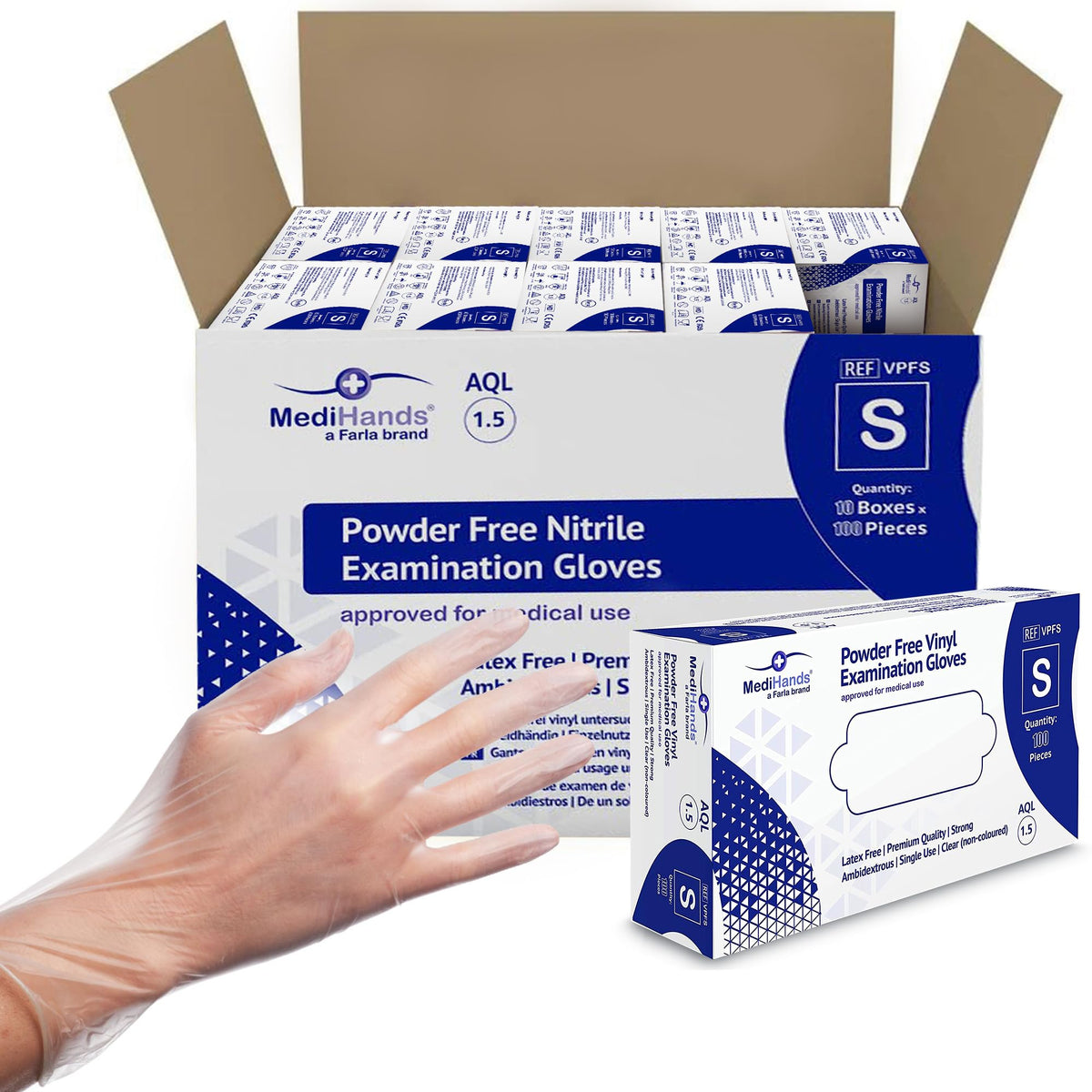 MediHands Vinyl Clear Medium Gloves, Disposable Surgical Gloves, Box of 100, Powder Free, Latex Free, Protein Free, Medical, Food, Multi-Use