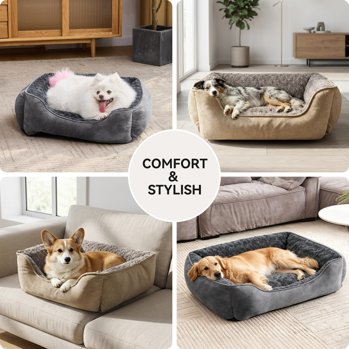 JOEJOY Dog Bed Medium - Washable Rectangle Dog Beds, Anti-Anxiety, Soft Plush Non-Slip Bottom Pet Bed - Small | Medium | Large Size Mattress Mat, Grey