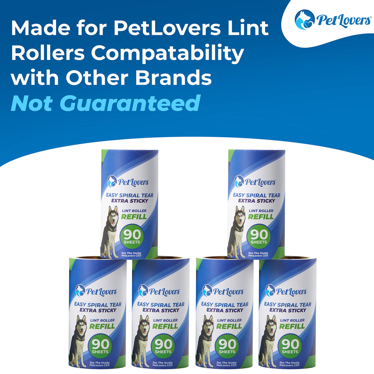 PetLovers Extra Sticky Lint Roller Mega Value Set 450 Sheets for Pet Hair Removal Dog and Cat Lint Remover 5 Pack