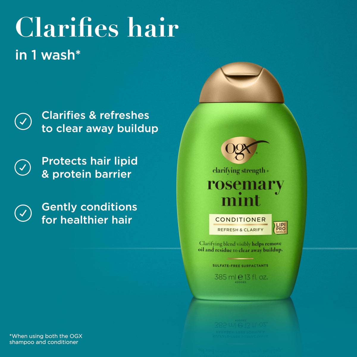 OGX Refreshing Scalp with Rosemary Mint Shampoo, Clarifying Blend to Remove Excess Oil and Residue, Clears Away Buildup, Sulfate Free, 385ml
