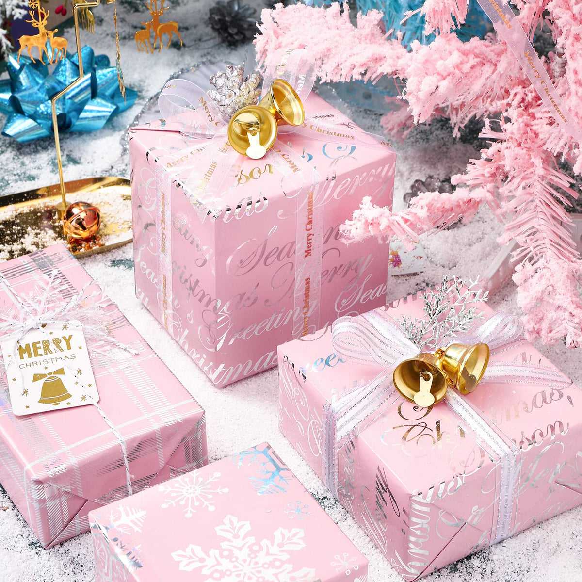 RUSPEPA Christmas Wrapping Paper Roll - Mini Roll - 3 Rolls - 43.2cm x 3m Per Roll - Bird, Christmas Garland, Holly and Pinecones Holiday Design with Metallic Foil Shine