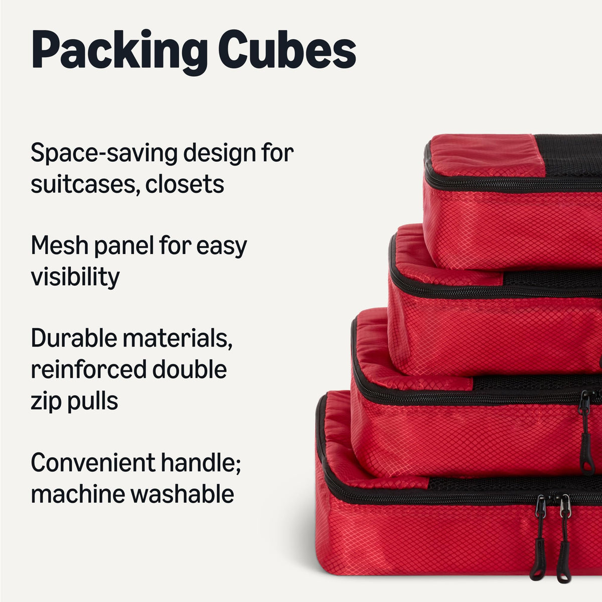 Amazon Essentials 4-Piece Packing Cubes Travel Accessories Set, Luggage Organiser with Double Zip, Mesh Top, 100% Polyester, Medium, Black (Previously Amazon Basics)
