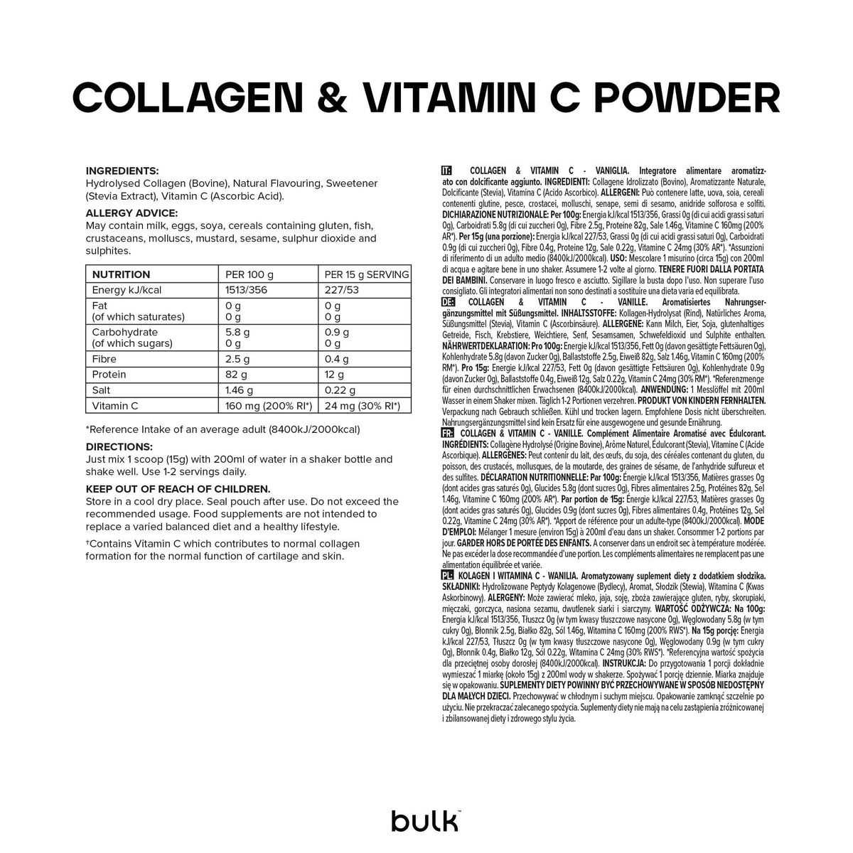 Bulk Collagen Powder with Peptides and Vitamin C, Unflavoured, 500g