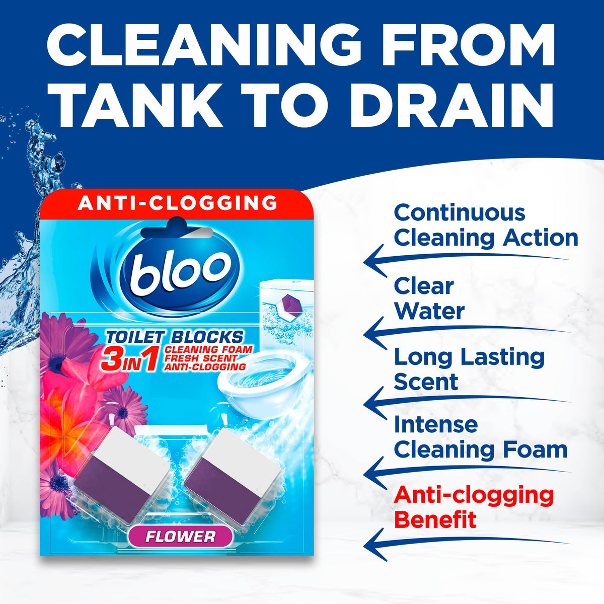 Bloo New 3in1 Toilet Blocks, Pack of 2, Toilet Limescale Remover Cistern Block, Toilet Cleaner Block with Cleaning and Foaming Action, Toilet Fresheners - Limescale Prevention