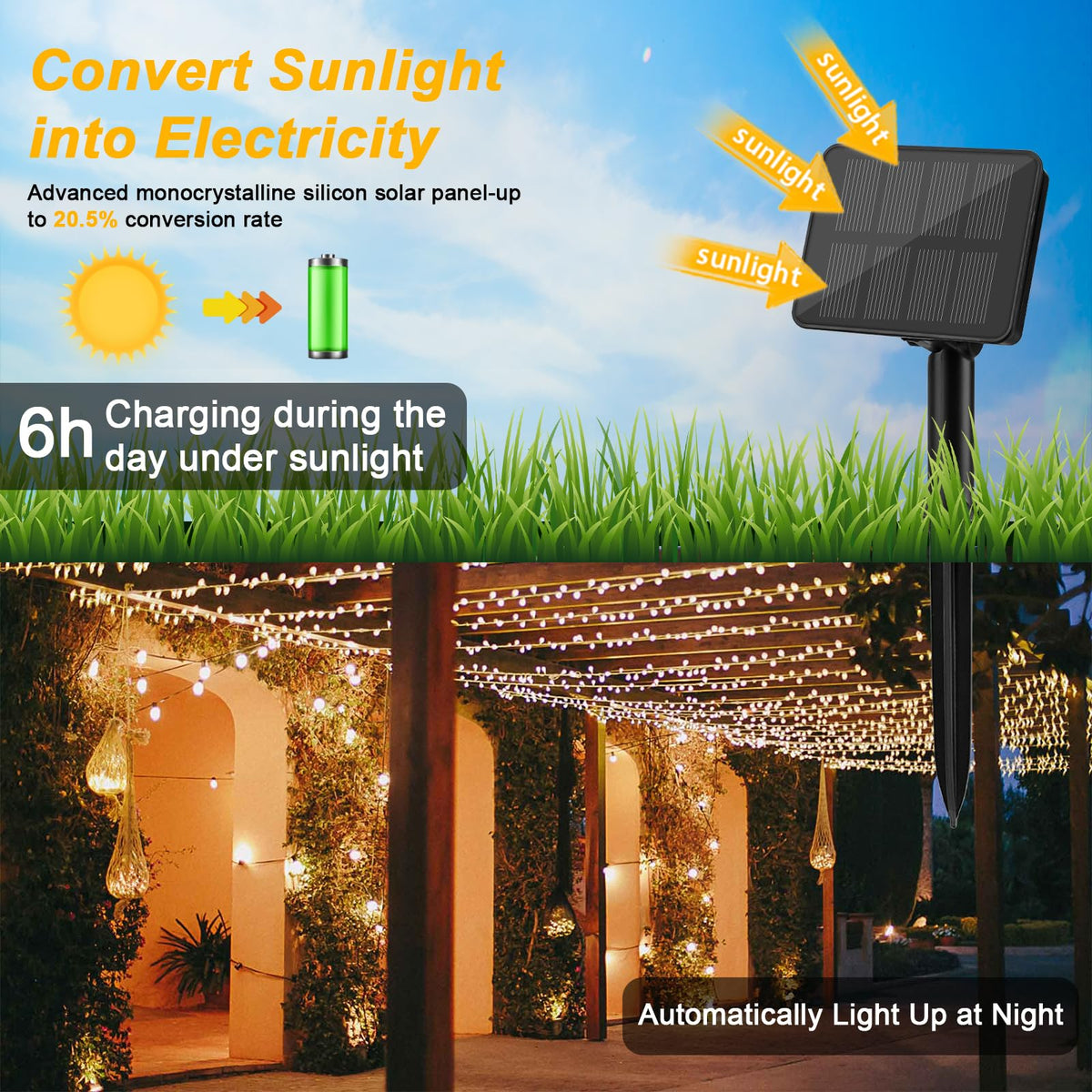 Gcstnn Garden Solar Lights Outdoor, 5M 50 LED Solar Fairy Lights, Copper Wire 8 Modes Waterproof String Lights for Yard, Christmas Tree, Bedroom, Gate, Indoor/Outside Decorations(Orange)