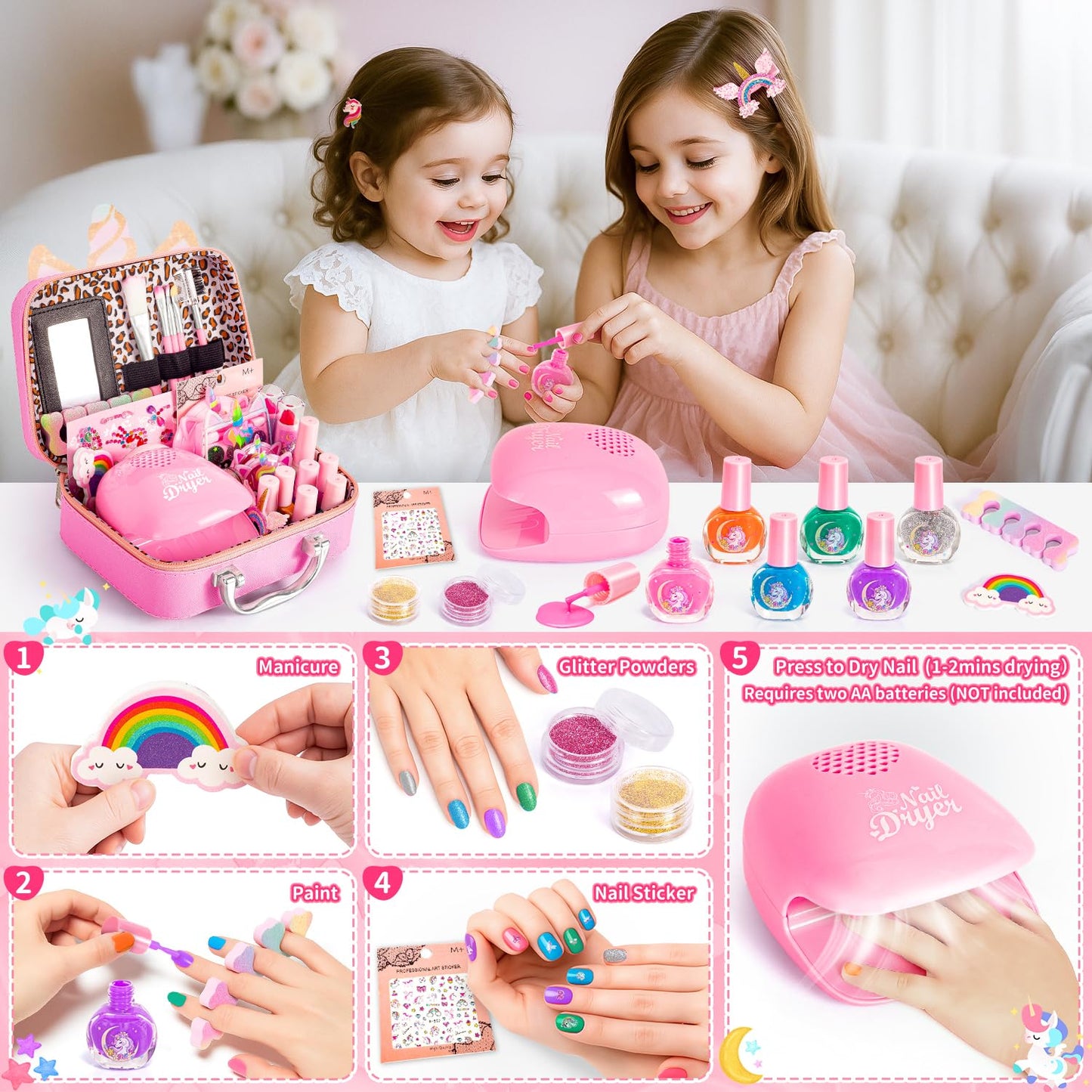 Hohosunlar Girls Makeup Set Kids Toys - Washable Non-toxic Kids Make Up w/ Nail Polish Dryer, Princess Accessories Nail Varnish Set, Christmas Birthday Gift Toys for Girls 3 4 5 6 7 8-12 Years Old