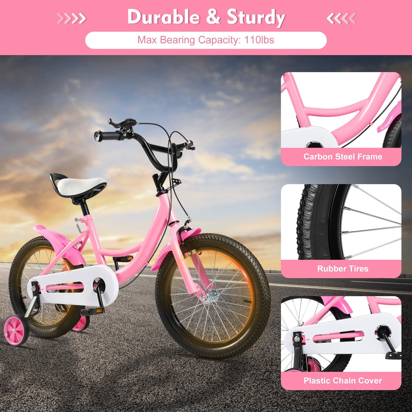 16 Inch Kids Bike with Training Wheels | For Boys & Girls Ages 5-8 | Dual Hand Brakes, Mudguards, Carbon Steel Frame Children's Bicycle