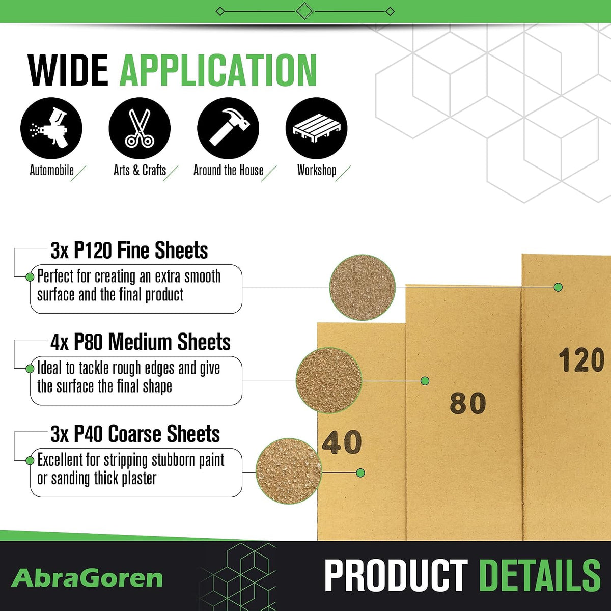 Pack of 10 Sand Paper Sheets - Mixed Grits, 3x Fine, 4x Medium, 3x Coarse - Assorted Sandpaper for Wood and Walls (Premium)