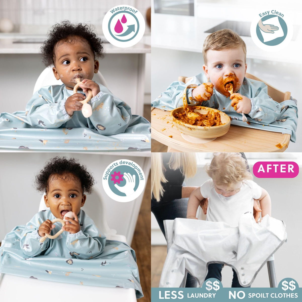 BIBaDO Long Sleeve Baby Bibs - Coverall Weaning Bib with Highchair Strap