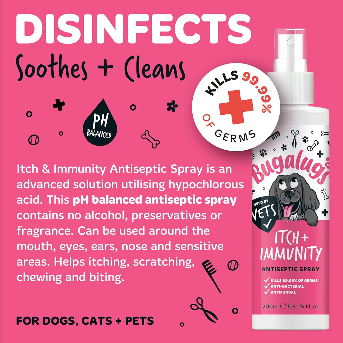 BUGALUGS Itch & Immunity Antiseptic Spray – Helps Soothe Itchy Skin, Paws, Ears - Licking, Scratching - Perfect for Small, Medium & Large Dogs