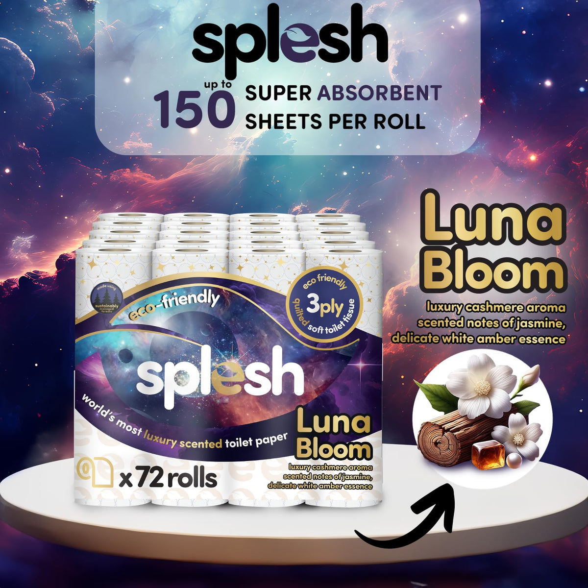 Splesh by Cusheen Toilet Roll 72 Rolls - Aloe Vera Scent Bulk Family Pack | Soft 3 Ply Quilted Bathroom Tissue Loo Rolls | Eco-Friendly, Sustainable Toilet Paper