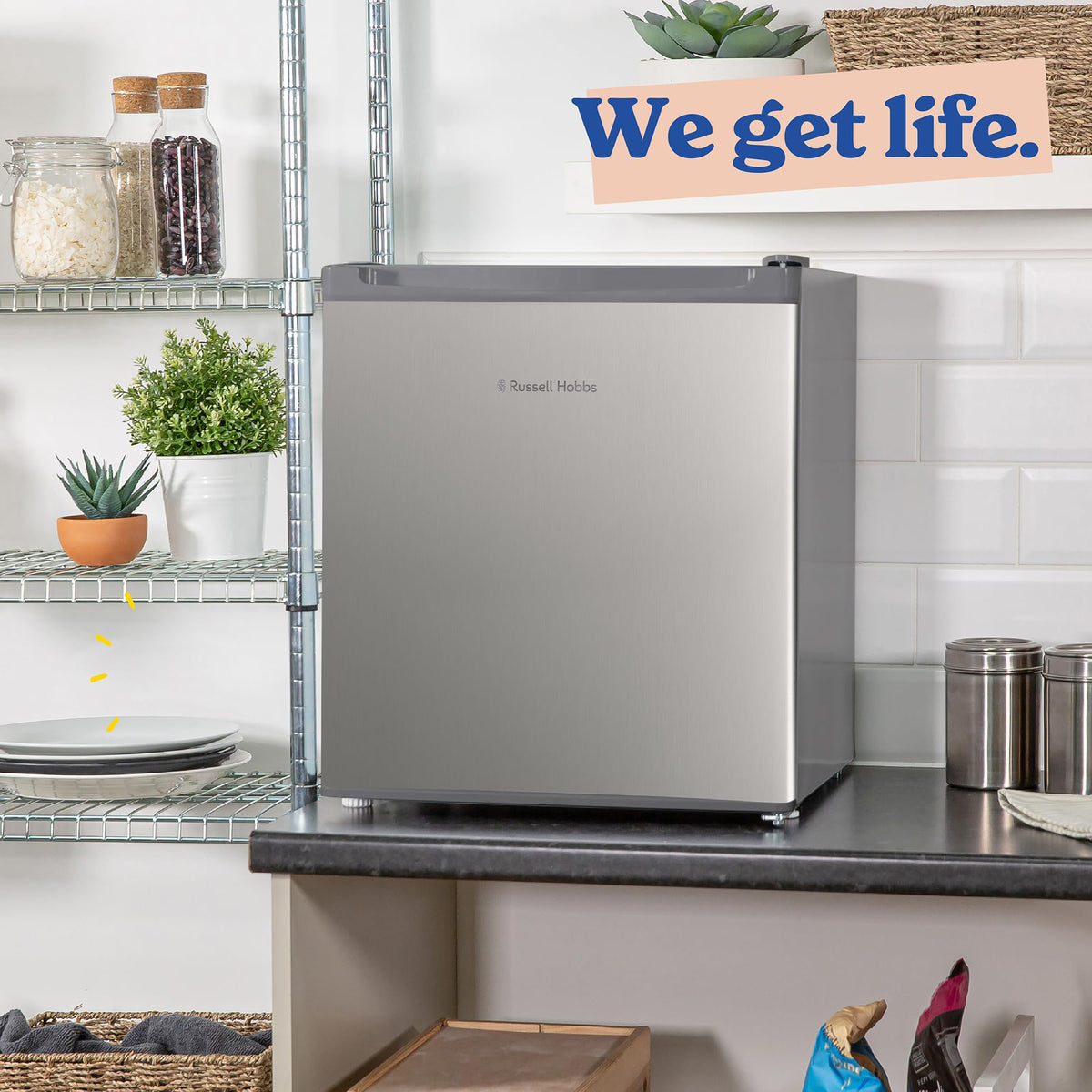 Russell Hobbs Table Top Larder Mini Fridge 66L Capacity, Reversible Door & Adjustable Feet, 0 to 8 Degrees Manual Temperature Control, Silver RH67TTLF0E1SS