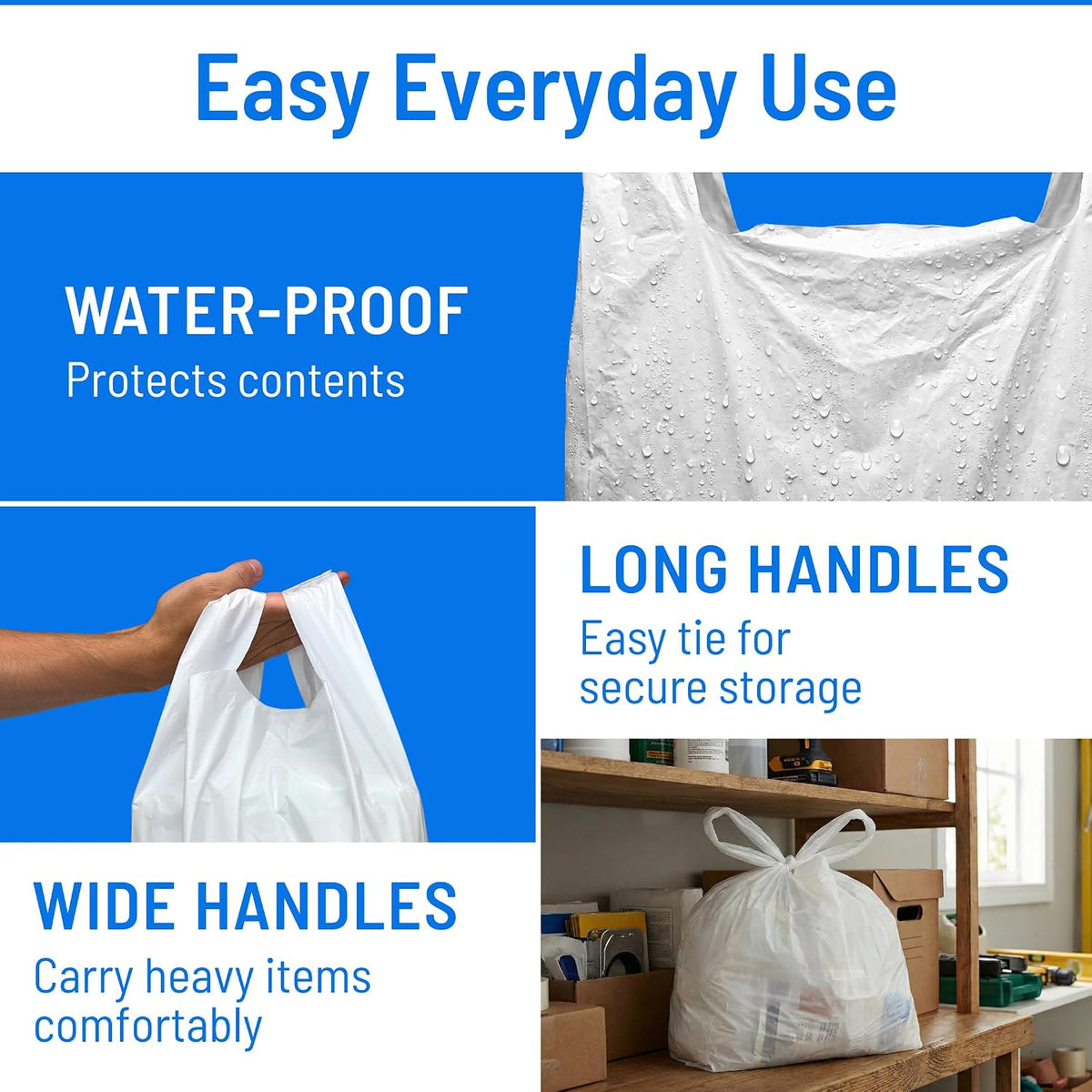 Plastic Carrier Bags White - Standard Retail Size 13x19x23, 100 Pack, Heavy Duty Large Carrier Bag with Handles, Groceries Retail Shopping Takeaway Bin
