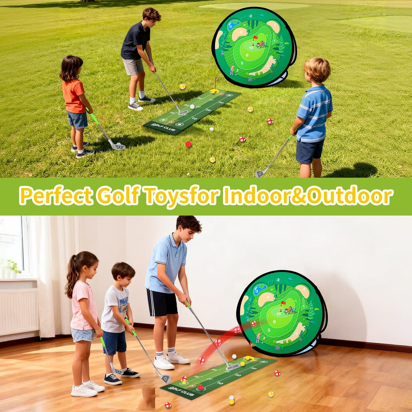 Kids Golf Set, AOSITE 5-in-1 Toddler Golf Set with 3 Golf Clubs, Putting Mat, 19 Balls, Dinosaur Sticky Darts & 8 Darts, 3-10 Kids Games Golf Toy, Mini Golf Indoor Outdoor Sports Activities Party Gift
