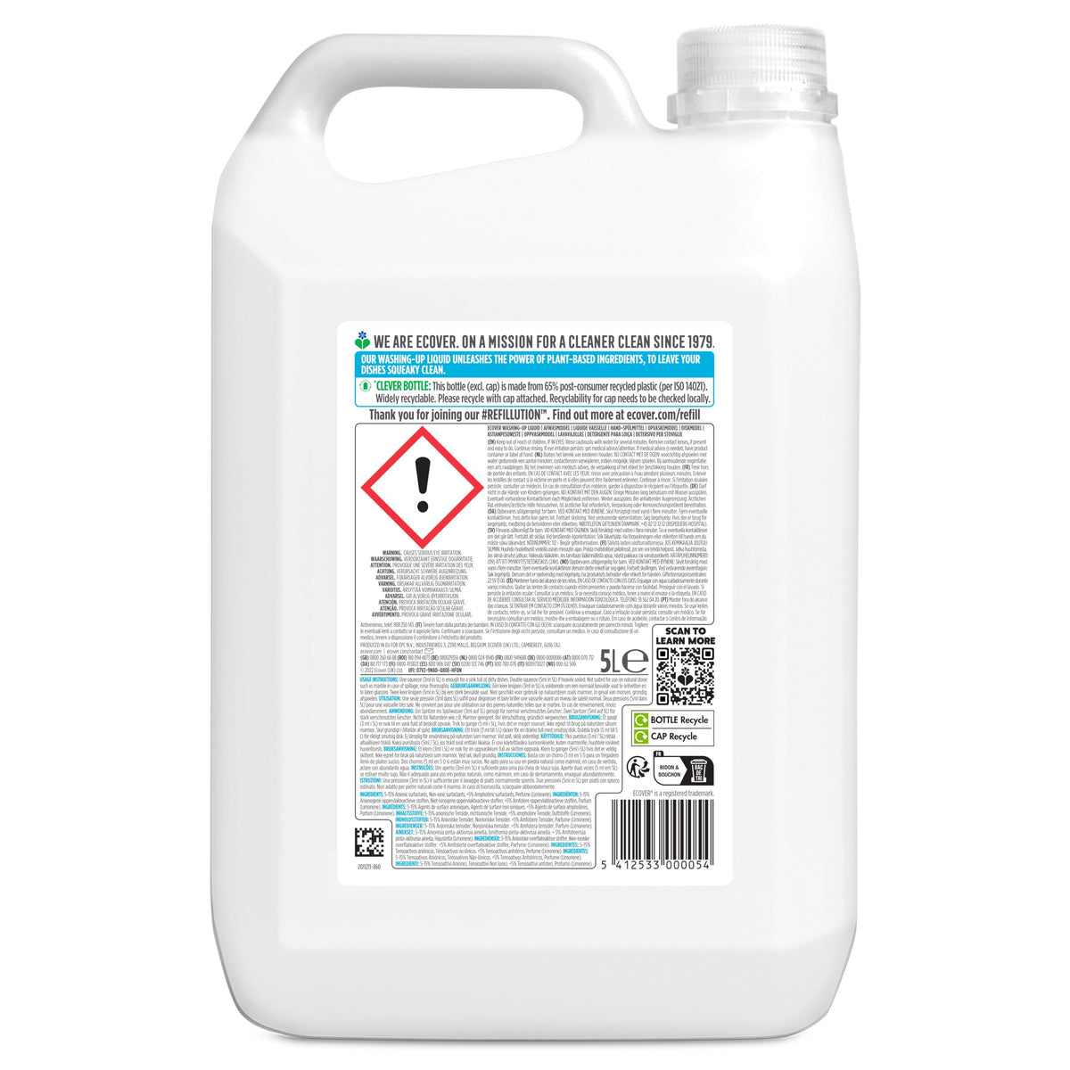 Ecover Washing Up Liquid Refill, Lemon & Aloe Vera, Grease Cutting, 5L