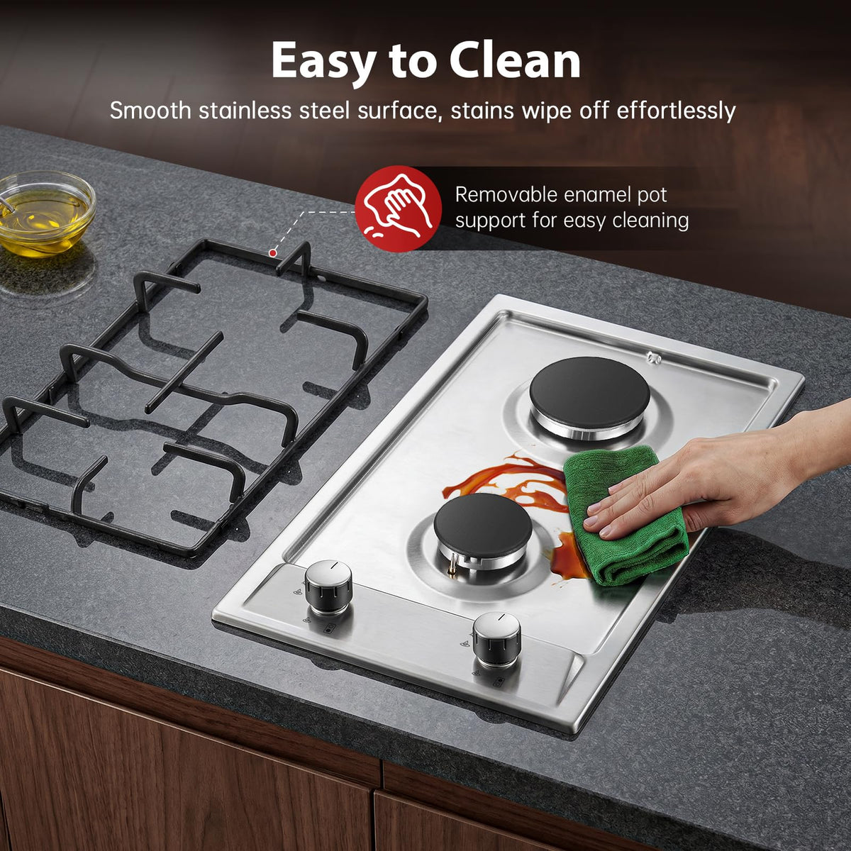 SNDOAS Gas Hob 4 Burners, NG/LPG Convertible, Built-in Black Glass Gas Hob with Wok Burner, Flame Failure Protection, 8000W, YYUKGCT-B04