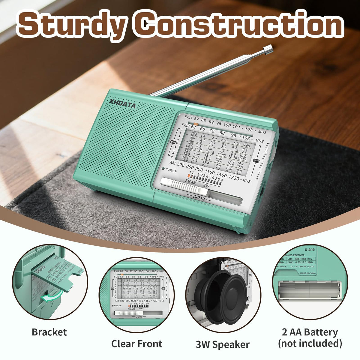 XHDATA D219 Portable Radio Retro FM AM SW Radio Battery Operated for Household Outdoor Camping Hiking Pocket Radio Grey