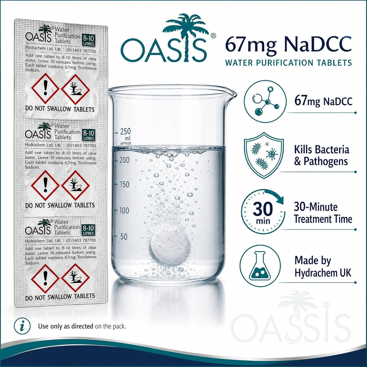 Oasis 67mg Water Purification Tablets 200 Tablets - Treats 2,000 Litres Emergency Water Purification Tablets, Water Purification for Camping, Hiking Etc