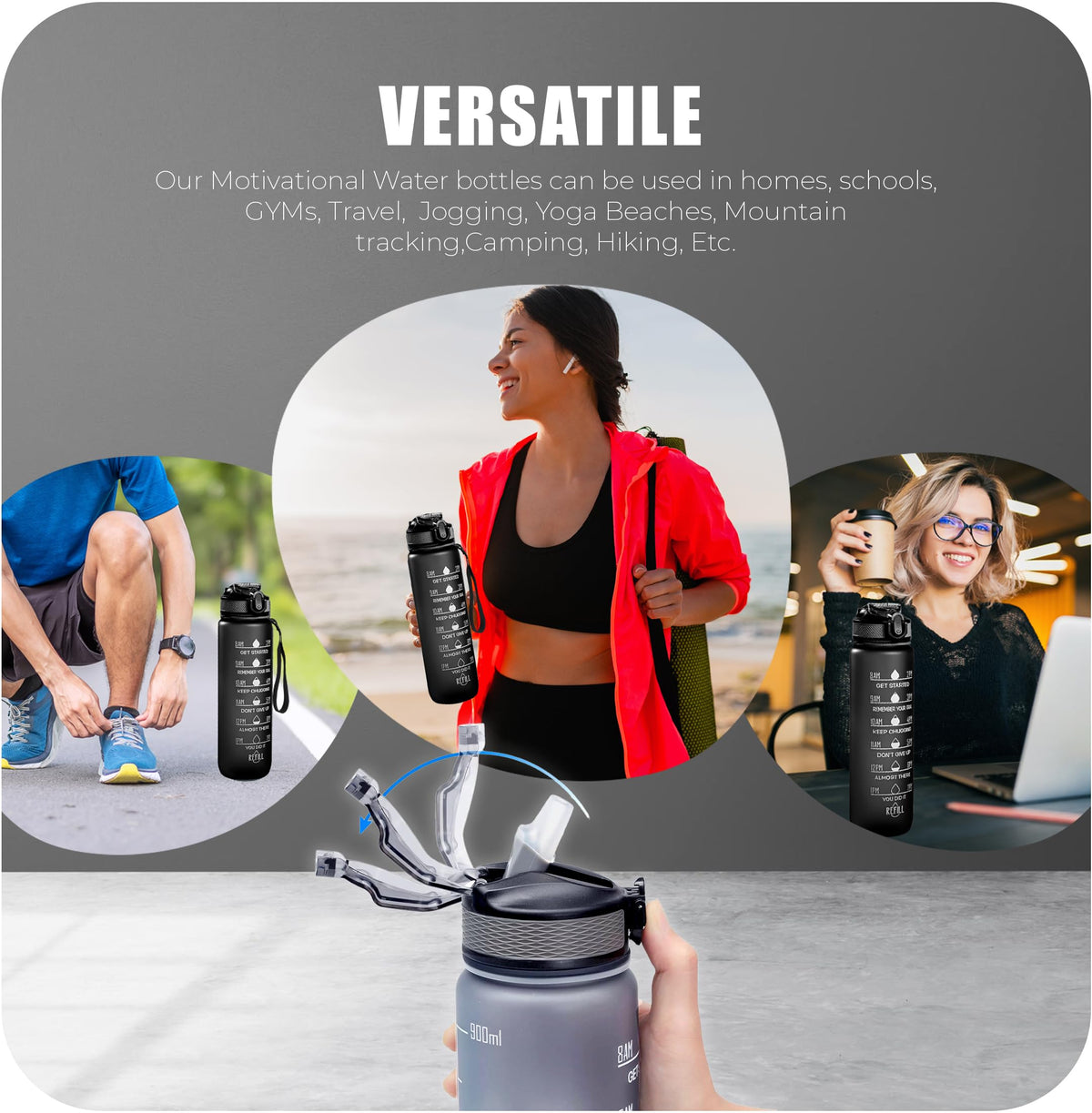 Roe Tenpo Sports Water Bottle with Straw and Time Marking, and 32OZ Capacity - Motivational and Eco-Friendly BPA-Free Bottle for Running, Gym, Yoga, Outdoors, and Camping (Style-1, Black)