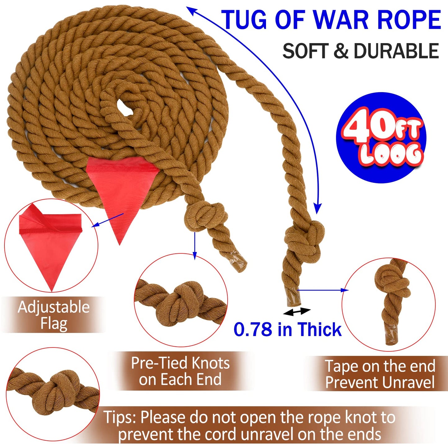 Tug of War Rope 20FT for Kids and Adults, Outdoor Field Day Lawn Yard Family Reunion Birthday Party Games, Outside Backyard Camping Picnic Game,Carnival Games Fun for Team Building Activities