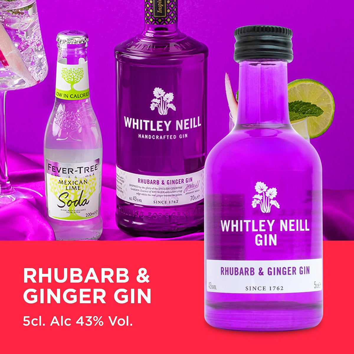 Whitley Neill Gin Gift Set, Blood Orange, Raspberry, Rhubarb, 3 x 5 cl