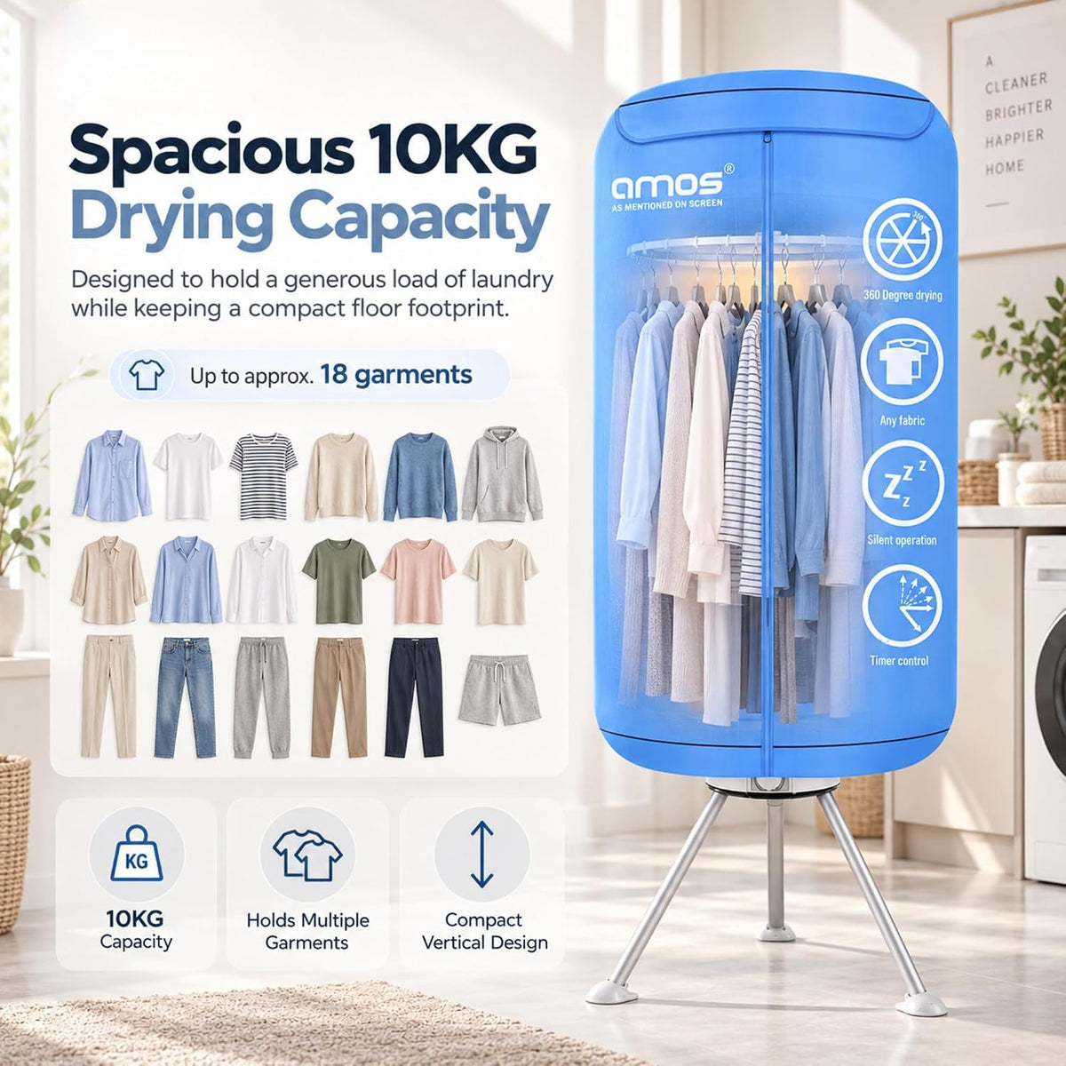 AMOS Eezy Dry Pod Heated Electric Clothes Dryer 10KG Capacity 1000W Indoor & Outdoor Folding Airer for Laundry Large Foldable Rack for Fast Drying With Cover (Dry Pod)