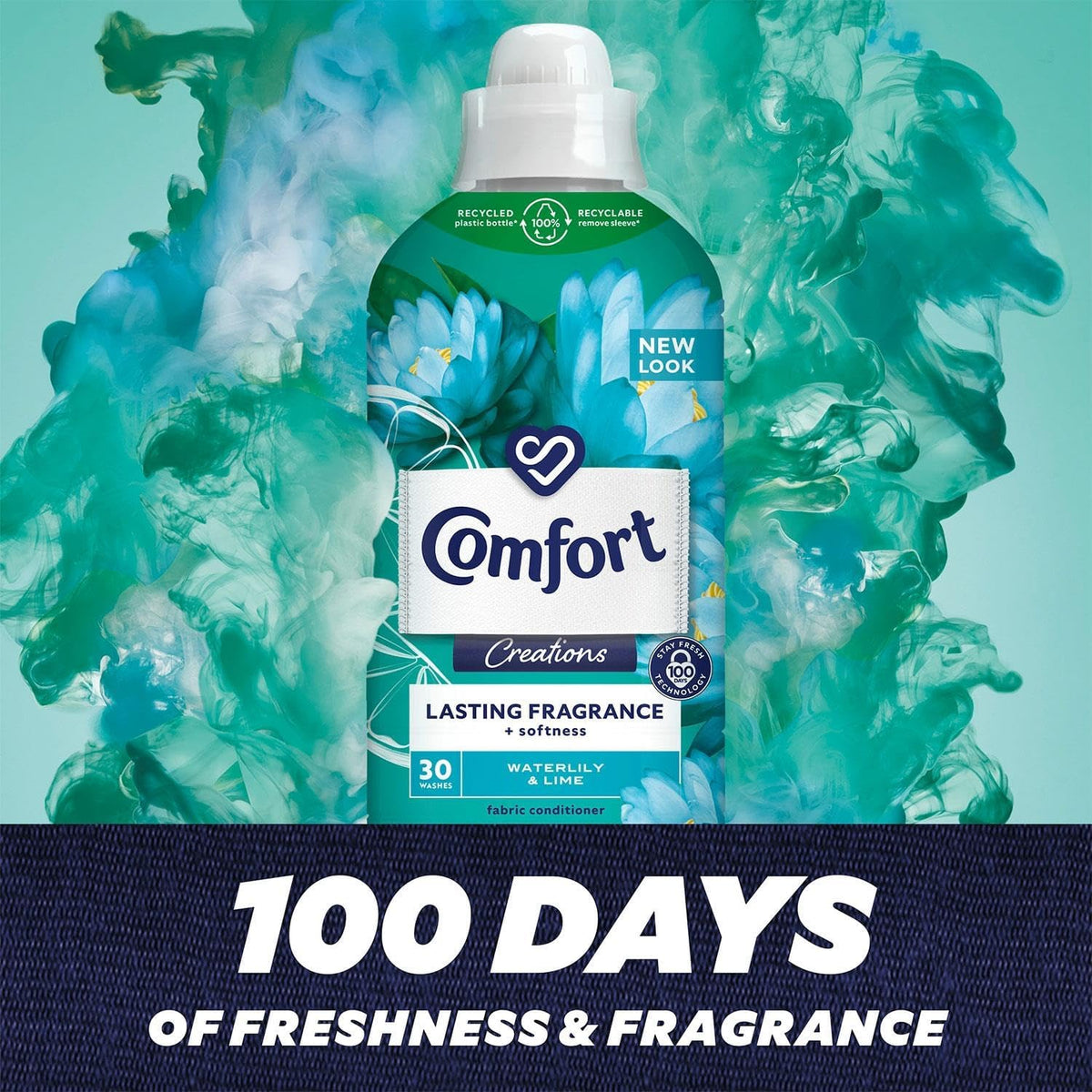 Comfort Creation Concentrated Fabric Conditioner with 100 Days of Long Lasting Fragrance and Softness Intense Liquid Fabric Softener 30 Washes, 900 ml (Waterlily & Lime, Buy 4)