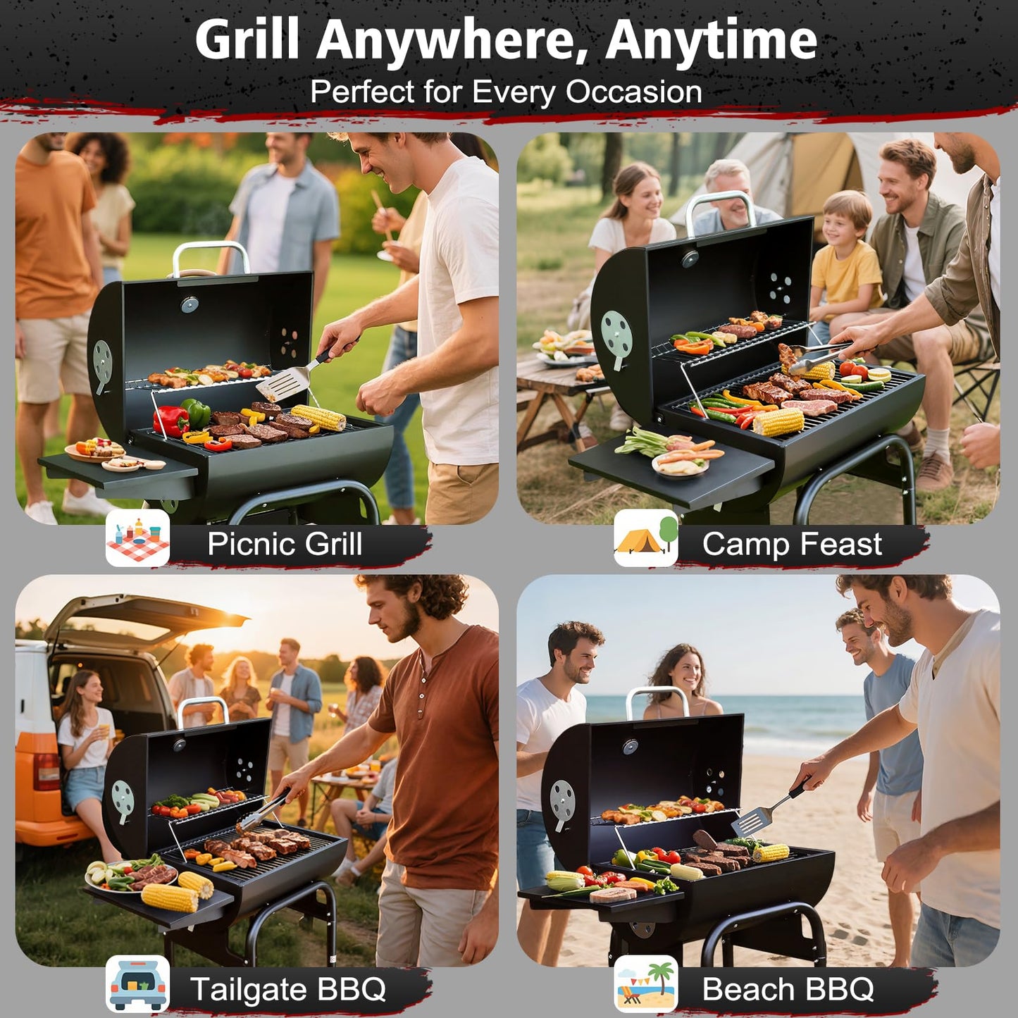 Charcoal BBQ Grill With Offset Smoker: Large Oil Drum Barbecue Barrel Grill For Outdoor Garden