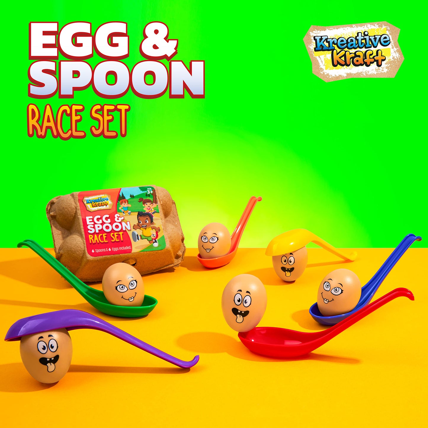 KreativeKraft Egg and Spoon Race Kit, Garden Outdoor Toys Family Party Games Set Includes 6 Easter Eggs & 6 Plastic Spoons Kids and Adults