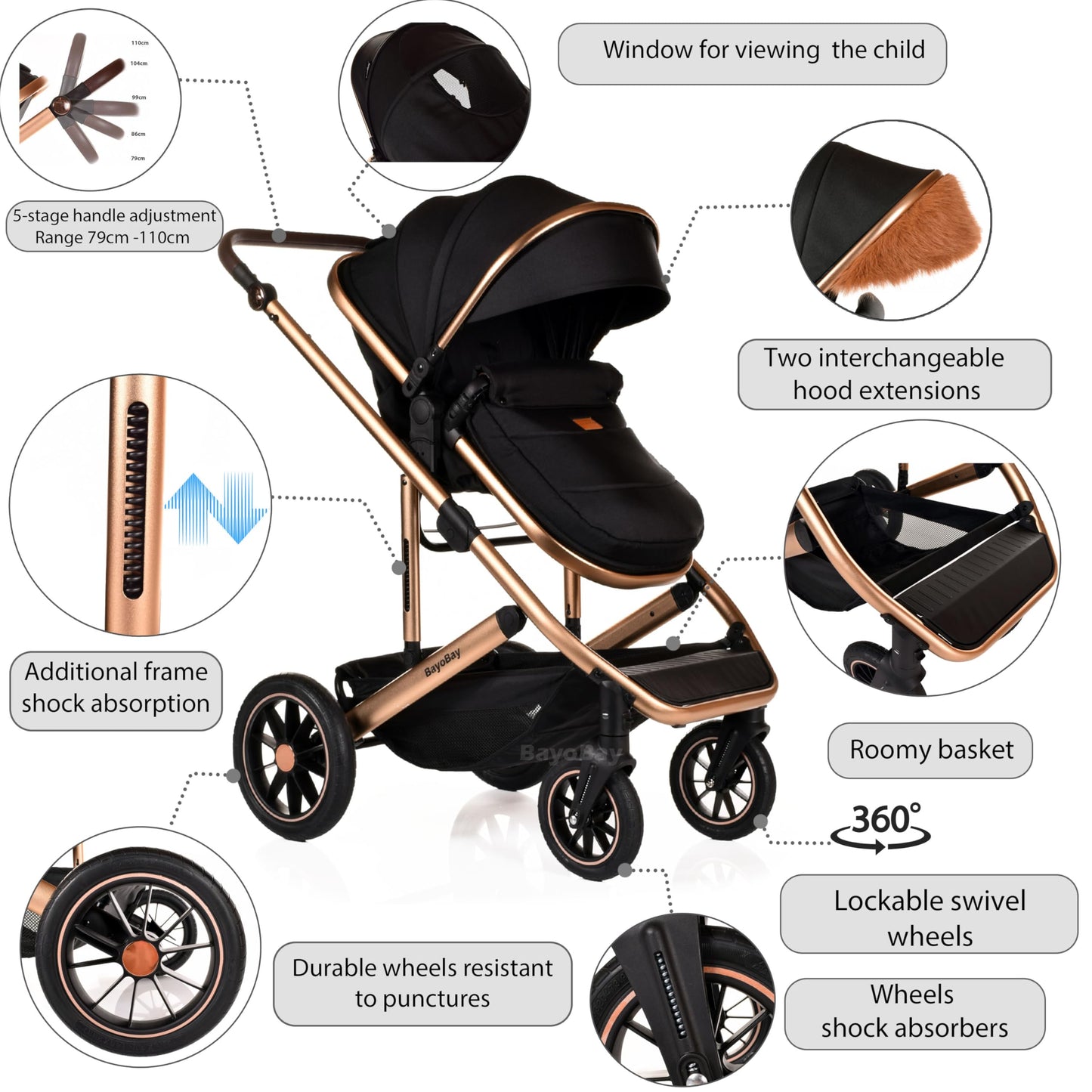 3 in 1 Baby Pram Travel System with Car Seat Lightweight Buggy Foldable Pushchair for Newborn and Toddlers up to 22kg NEW 2025 Style (Black - Gold)