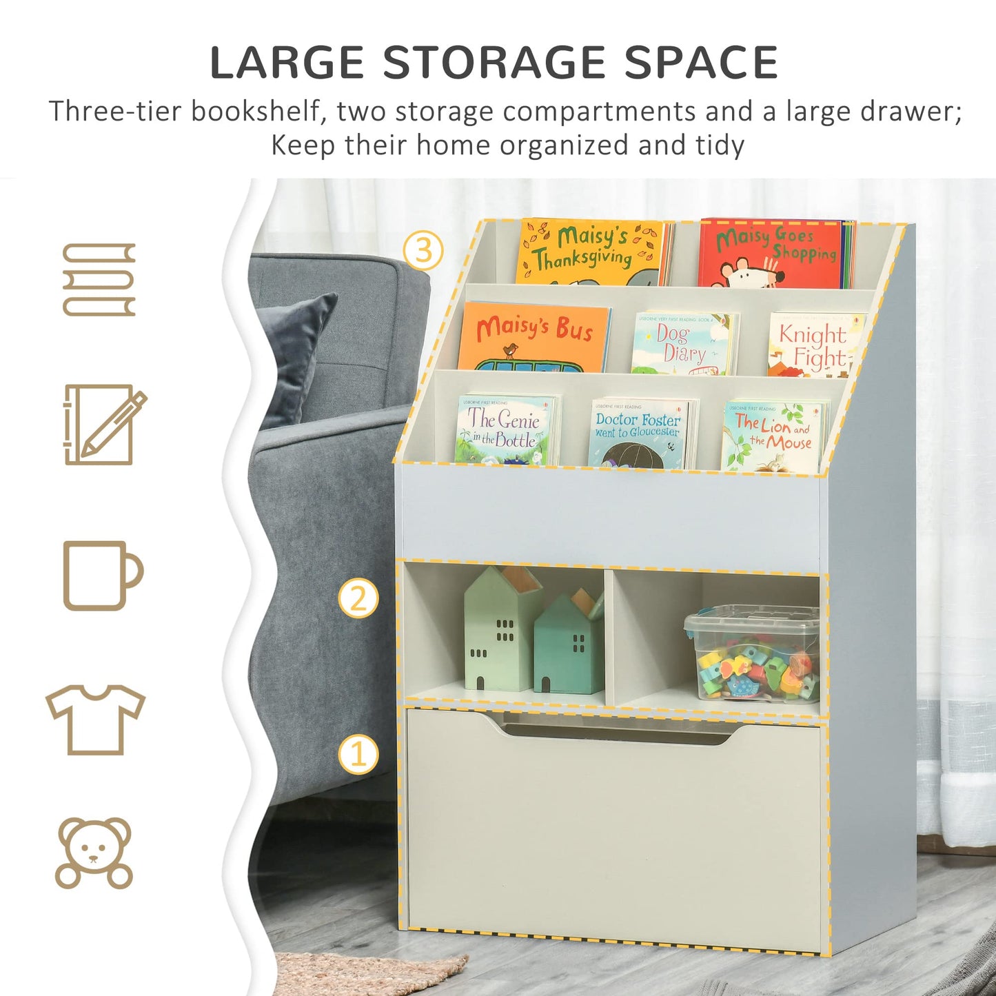 HOMCOM Kids Bookshelf with Moveable Drawer, Montessori-Inspired Children's Bookcase with Wheels, Toy Organiser for Bedroom, Playroom - White