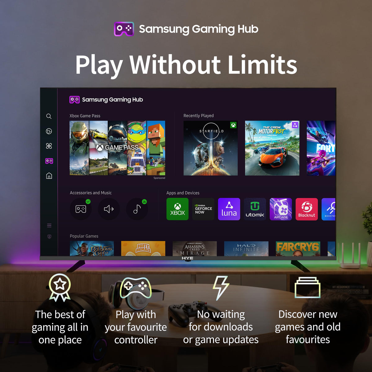 HYE 50" LED Smart TV - 4K Ultra HD, Samsung Tizen OS & Gaming Hub, Black