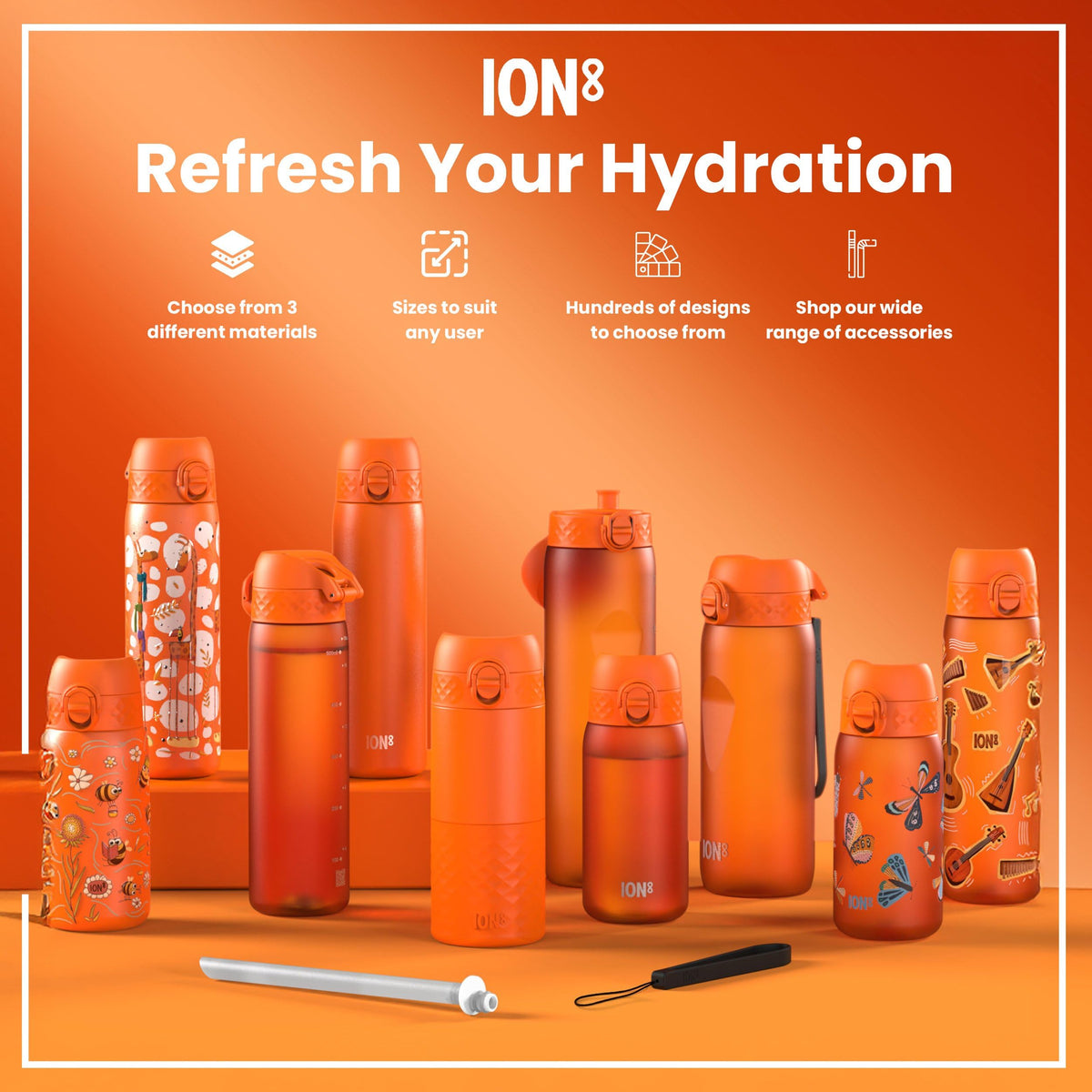 Ion8 Water Bottle, 500 ml/18 oz, Leak Proof, Easy to Open, Secure Lock, Dishwasher Safe, Hygienic Flip Cover, Carry Handle, Fits Cup Holders, Easy Clean, Hot Pink
