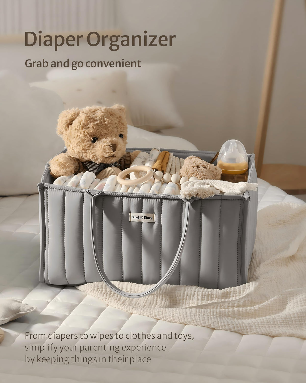 Blissful Diary Nappy Caddy Organiser, Baby Diaper Caddy for Nappy Station, Stylish Storage Basket for Newborn Essentials, Baby Shower Gifts for Girl or Boy, Woodland Cream