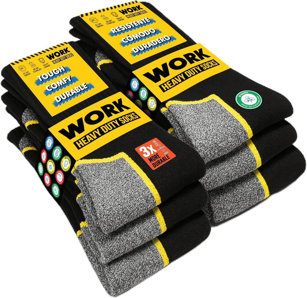 SOXCO 10 Pairs Men’s Work Socks, Black Crew Length | DRI-WIK Moisture Management Technology | Super Soft Cushioned Footbed | Reinforced Heel & Toe | Dura-Stretch Elastane | Pack of 6 or 10 Pairs
