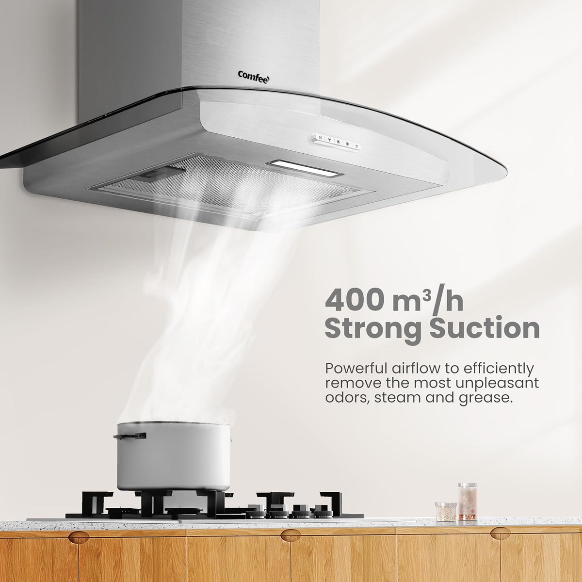 COMFEE' 60cm Cooker Hood, Glass Extractor Hood, Stainless Steel