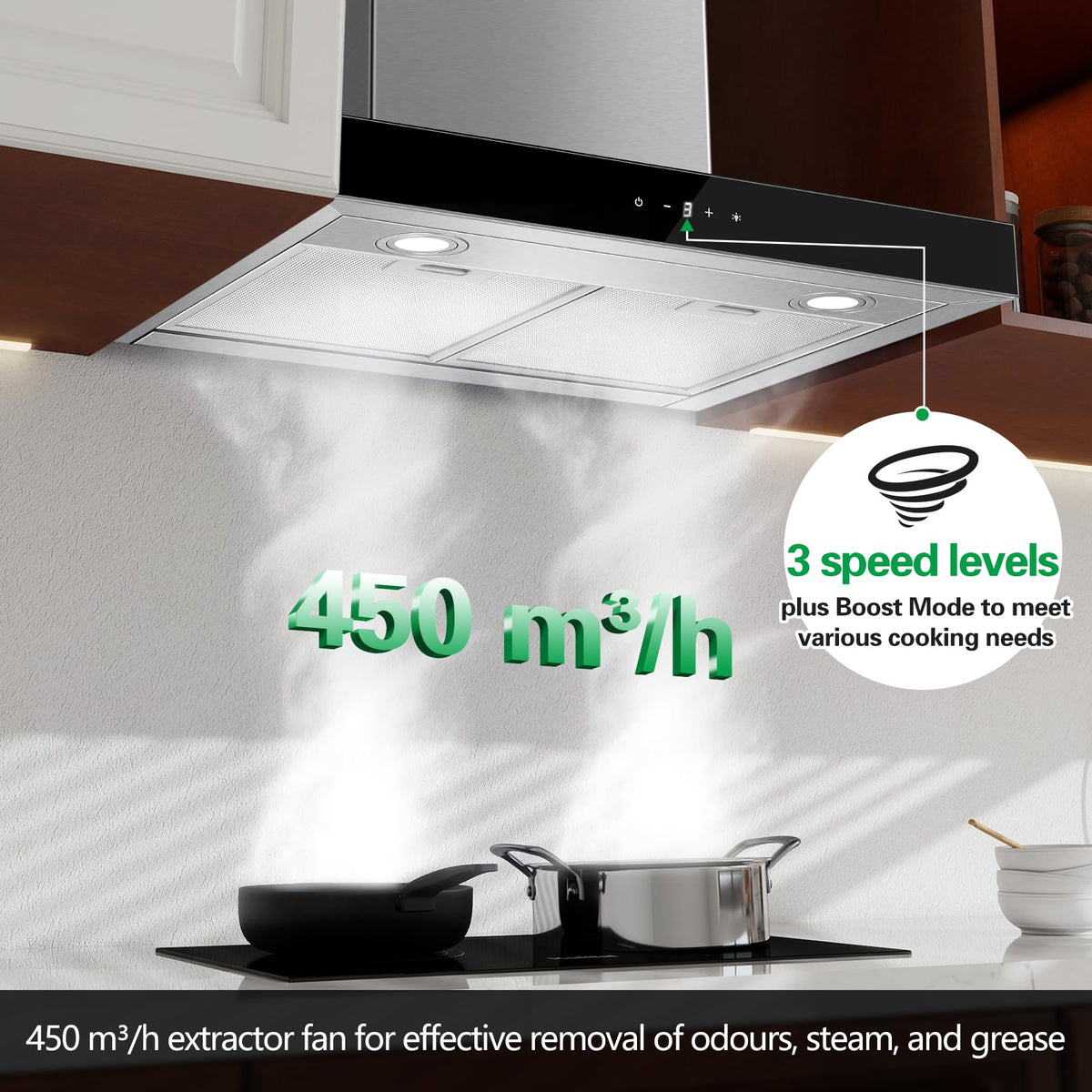 TopStrong Cooker Hood 90cm, 600 m³/h Extractor Fan kitchen, Wall-Mounted Extractor Hood, A++ Energy Efficiency, Touch Control, 58 dB, Recirculating & Ducting System, Black