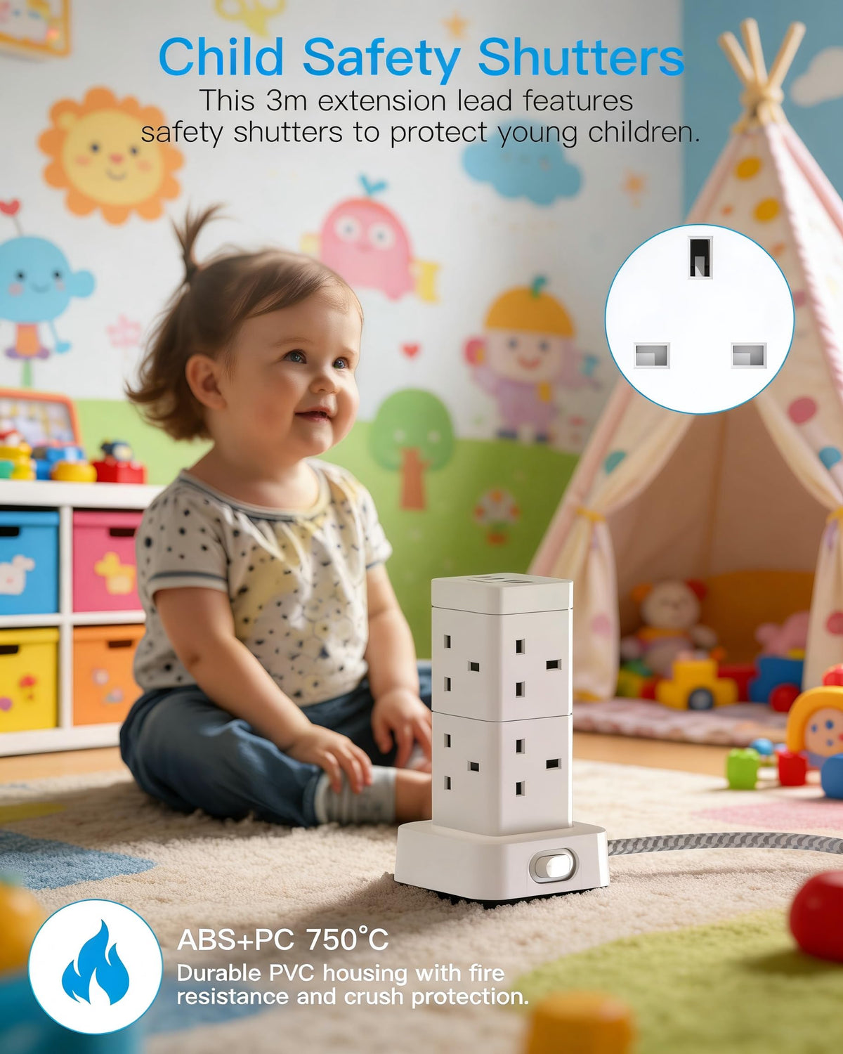 5M Extra Long Tower Extension Lead with 2 USB C, 8 Way Outlets Power Strip