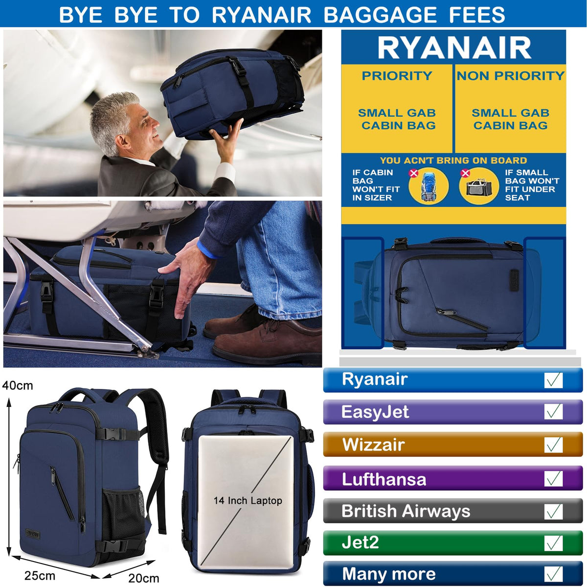 Ryanair Cabin Bags 40x30x20 Underseat 24L Small Travel Backpack Cabin Size