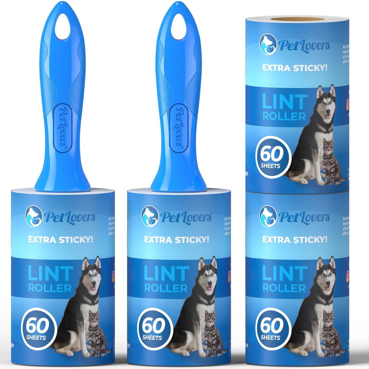 PetLovers Extra Sticky Lint Roller Mega Value Set 450 Sheets for Pet Hair Removal Dog and Cat Lint Remover 5 Pack