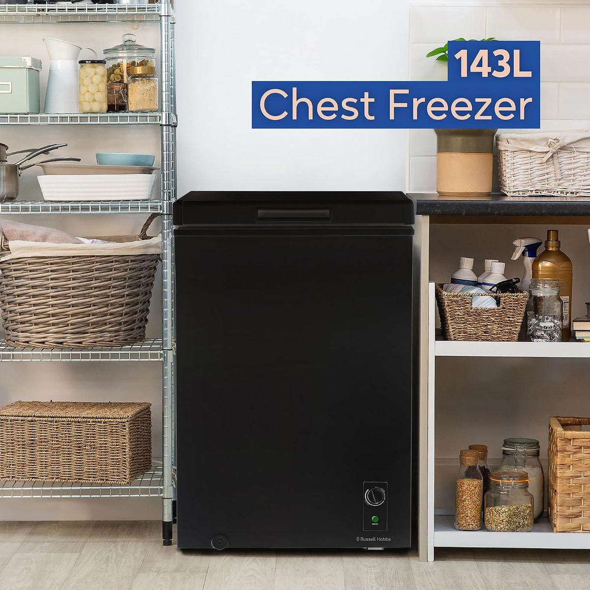 Russell Hobbs White Chest Freezer 143L Freestanding, Adjustable Thermostat, Chill or Freeze Function, 4 Star Freezer Rating & Suitable for Outbuildings & Garages RH142CF0E1W